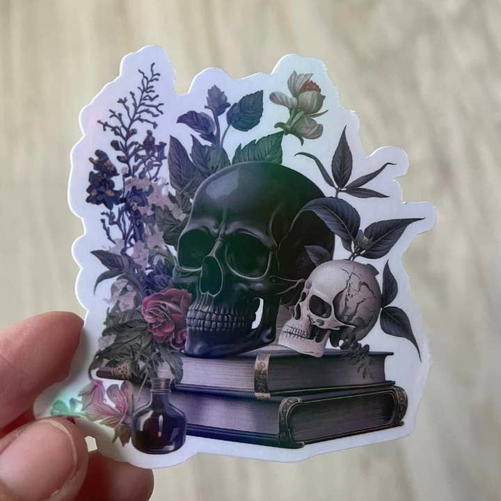 Adesivo in vinile fustellato stile gotico Black Skull & Books per la vendita all'ingrosso da parte di Prairie Chicken Sticker Shop & Gifts