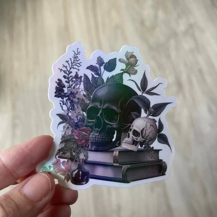 Black Skull & Books Goth Die Cut Vinyl Sticker for wholesale by Prairie Chicken Sticker Shop & Gifts
