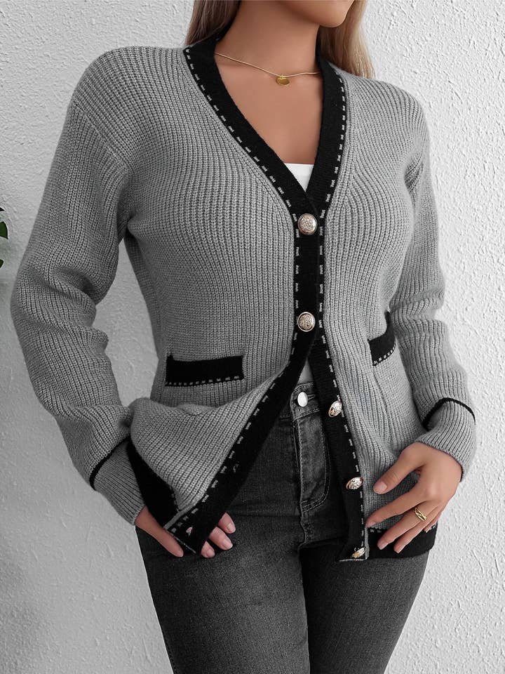 Stylish Color-Blocked Button-Down Knitted Cardigan for wholesale by HIDDENBRAND