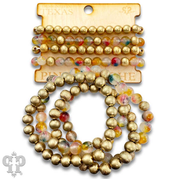 Color-hue jasper and gold bead bracelet set - LC for wholesale by Pink Panache Brands