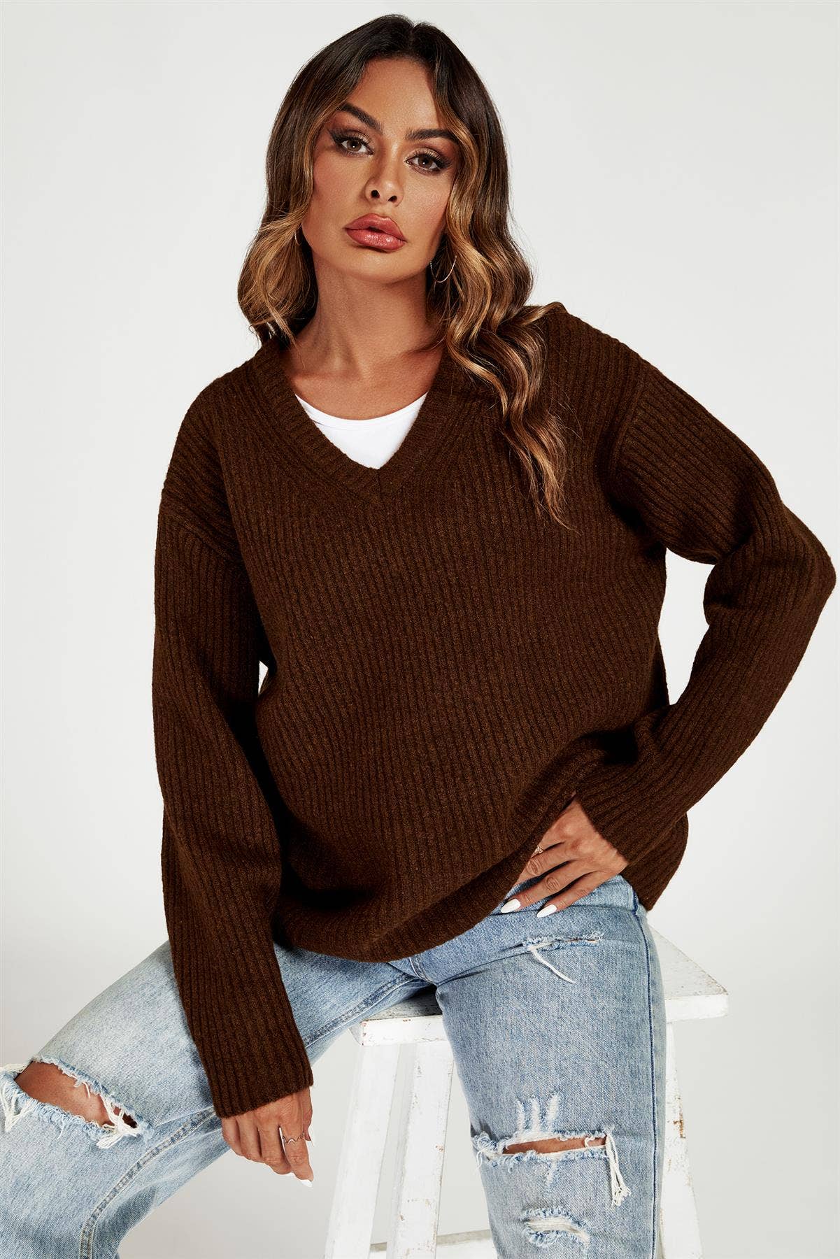V Neck Jumper Top In Brown for wholesale on Faire0