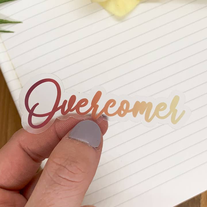 Overcomer, Clear Vinyl Sticker, 3x3 inch for wholesale by Savannah and James Co