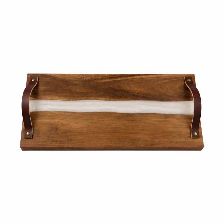 Artisan Acacia Wood + Resin Serving Board w/ Leather Handles for wholesale by Jus Sayin'