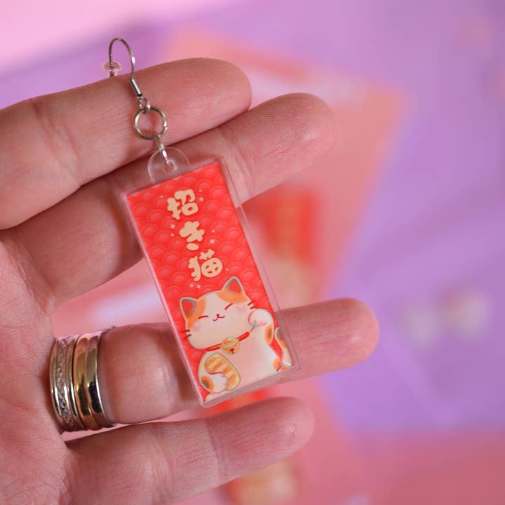 Nekojima Studios - Wholesale Hangende/ronde oorbellen - Kawaii oorbellen van acryl Bob the Lucky Cat