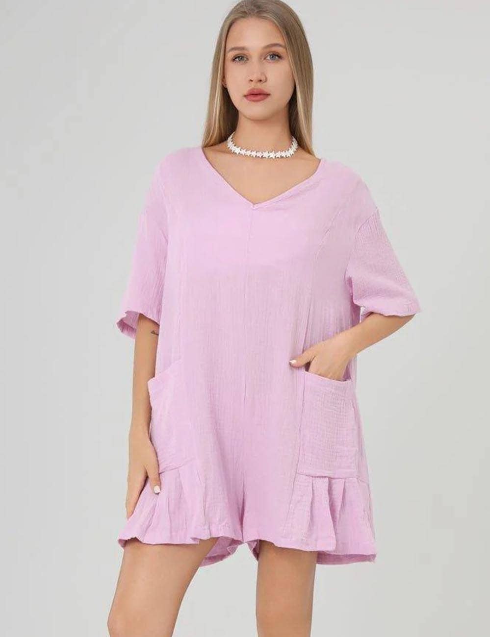 Sweetkama - Wholesale Romper - Women's - Flouncy Shapeless V-Neck Draped Sleeves Romper SKJ1819