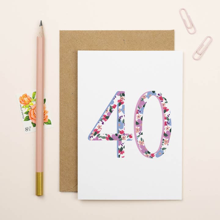 Floral 40th Birthday Card for wholesale by Elizabeth Mugridge