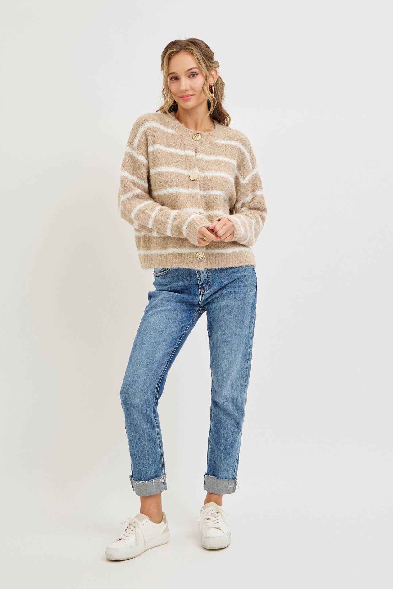 TAUPE COZY STRIPED BUTTON UP KNIT CARDIGAN for wholesale on Faire12