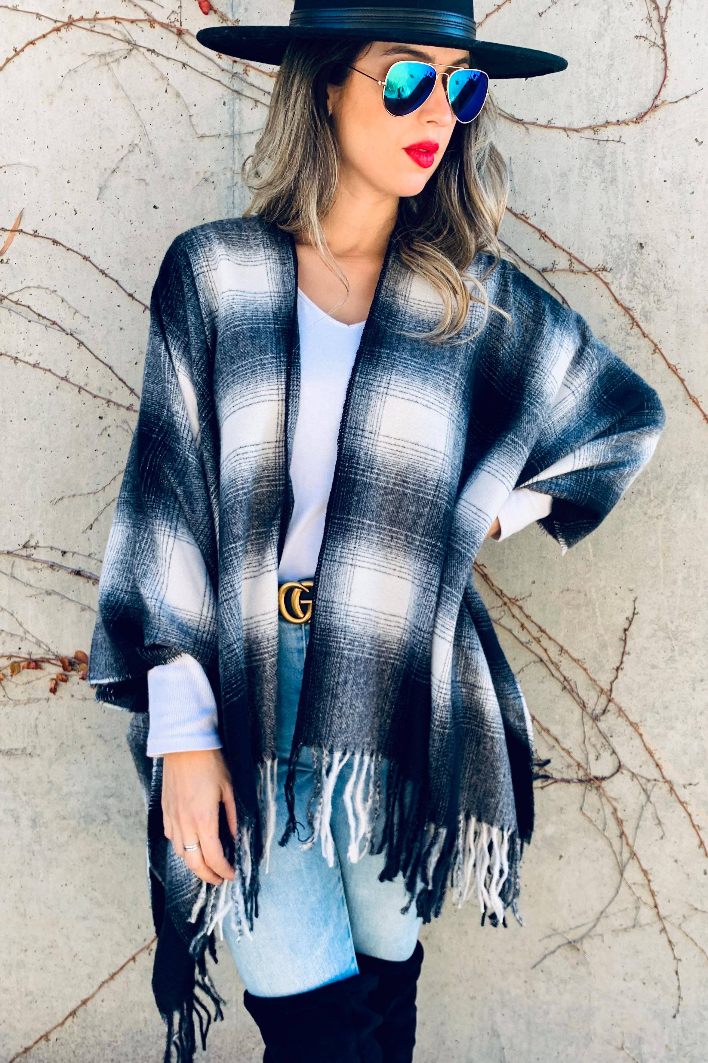 Black Plaid Printed Cozy Knitted Kimono Cardigan With Fringe for wholesale on Faire5