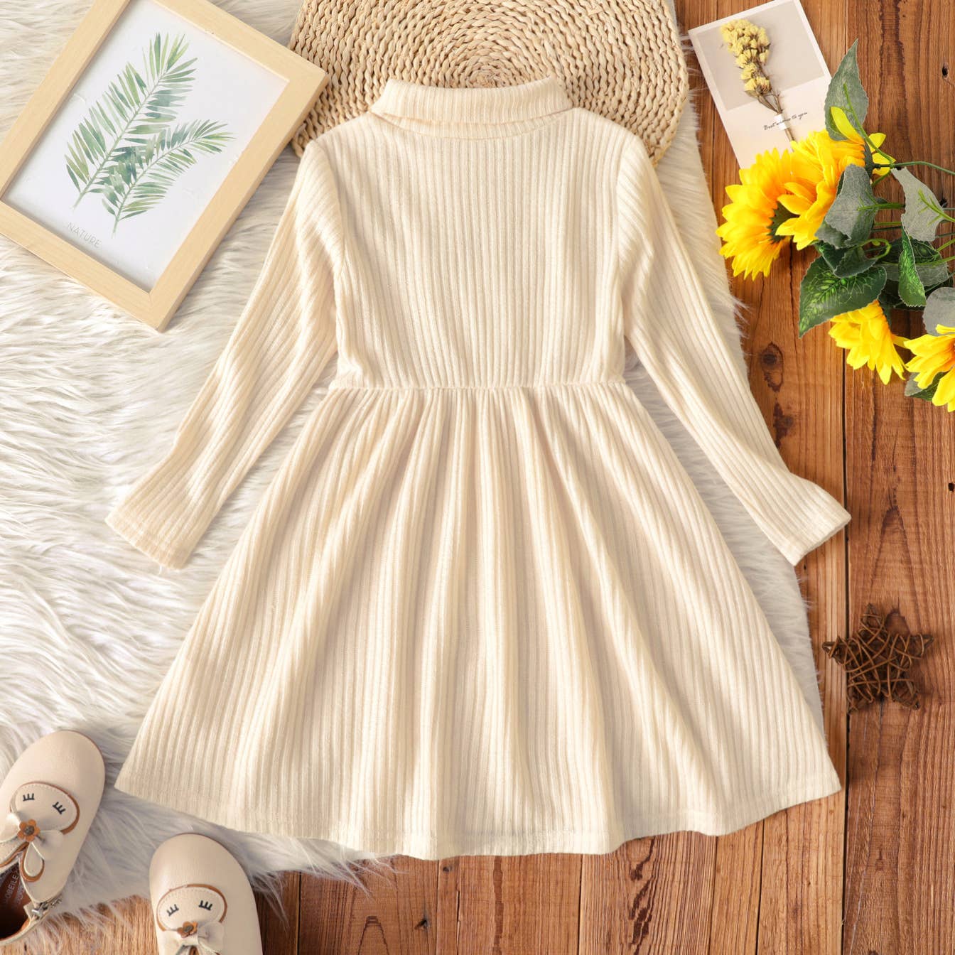 PatPat - Wholesale Dress - Kids - Toddler Girl Turtleneck Solid Color Ribbed Long-sleeve Dress3