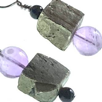 EMPOWERING INTUITION Earrings- Pyrite & Amethyst Earrings for wholesale by PEACE MAKER GEMS