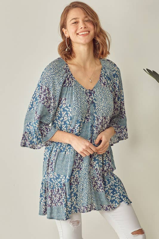 Doe and Rae – wholesale Tunic – Women’s – Button Down Tiered Tunic Top With Deep V Neck - 14255T4
