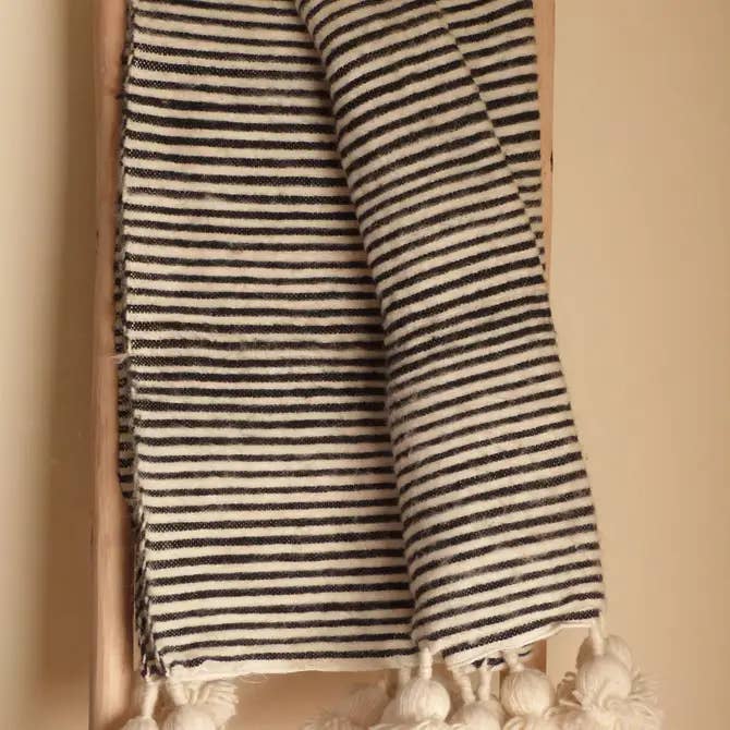 Moroccan Throw Blanket Black and White Striped Plaid for wholesale by Terracotta Design LTD
