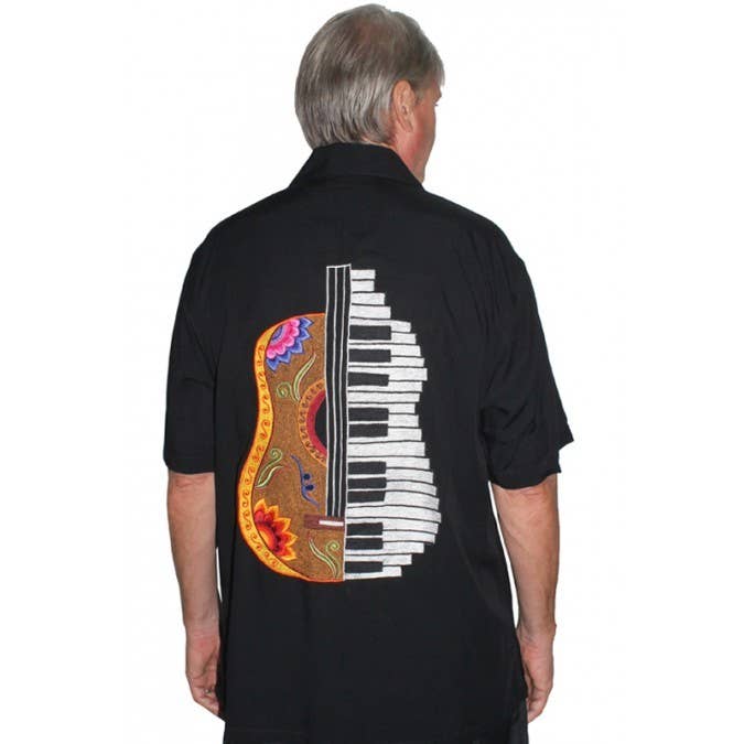 Piano Gitaar Geborduurd Hawaïaans Overhemd voor wholesale door Tropical Tantrum