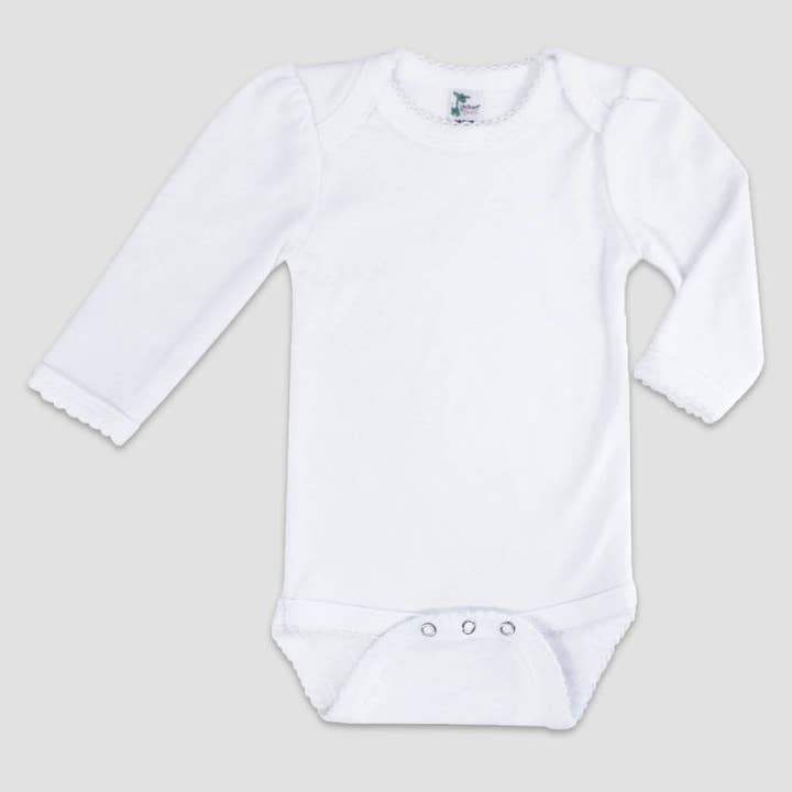 Infant Baby Girl Long Sleeve Scallop Trim Bodysuit Blanks for wholesale by Laughing Giraffe