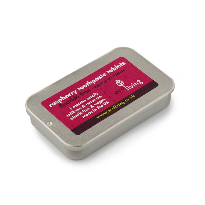 ecoLiving - Wholesale Toothpaste - Toothpaste Tablets - Raspberry - TIN - Flouride Free