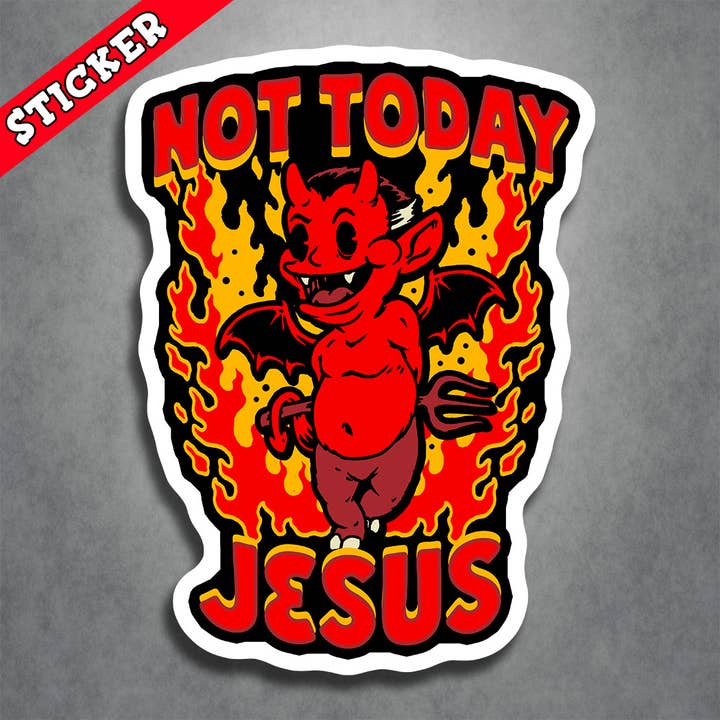 Little Devil klistermärke Not Today Jesus Hotstuff för wholesale av Monsters and Martians LLC