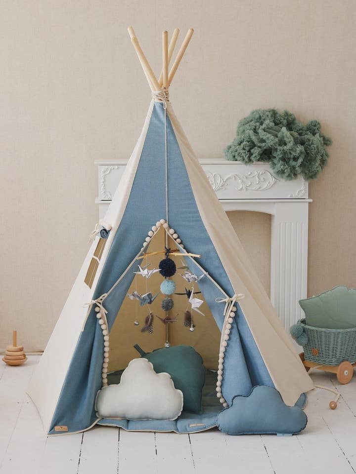 “Jeans” Teepee Tent with Pompoms for wholesale by Moi Mili