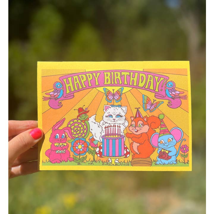 Astral Weekend - Vendita all'ingrosso Biglietti di auguri - Biglietto di auguri grande formato A7, Happy Birthday Animal Party, retrò1