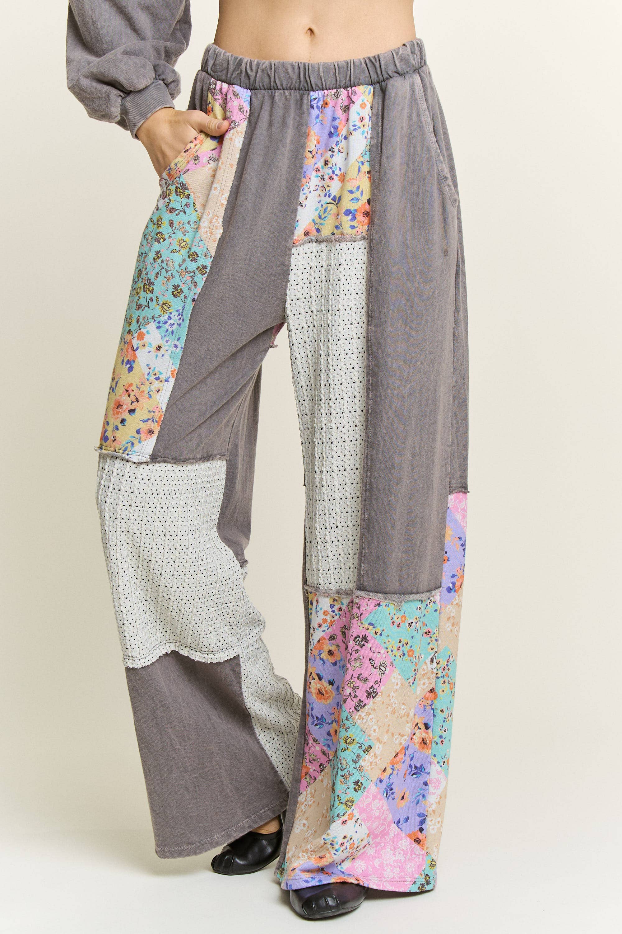 J.Her - Wholesale Pants - Women's - Mineral Washed Floral WaveKnit Jacquard Boho Pants HP610631