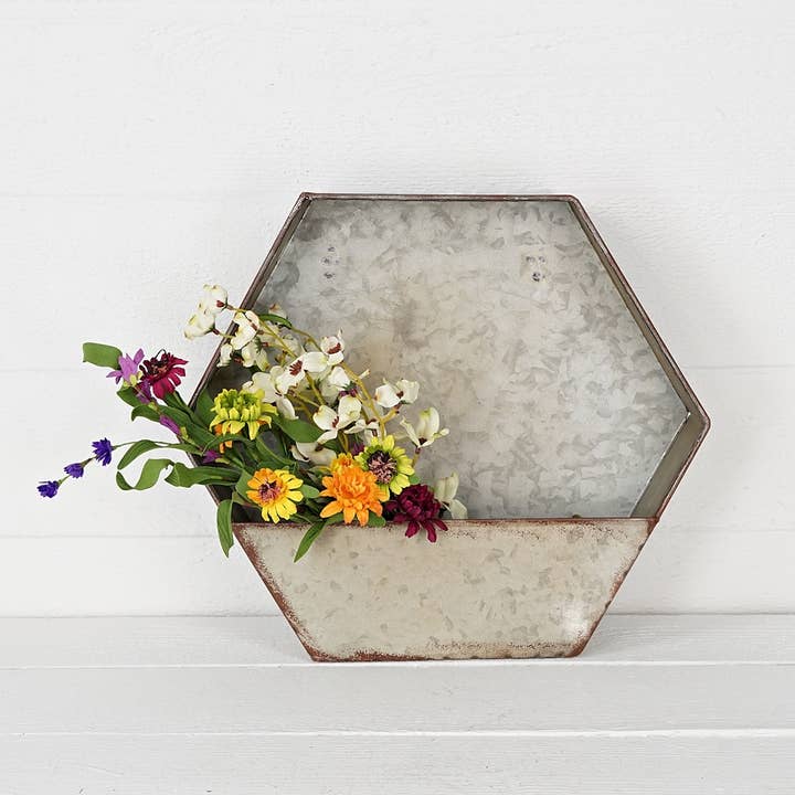 Impressive Enterprises, Inc. - Wholesale Decorative Tabletop Object - 16inW Vintage Galvanized Hexagon Pocket Wall Planter