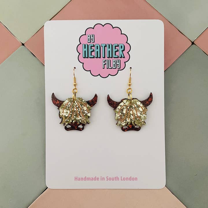 Highlands Cow Glitter Resin Earrings for wholesale by By Heather Filby