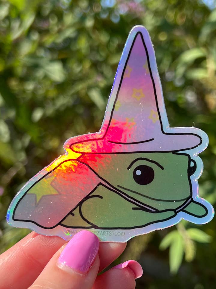 Holographic Wizard Frog Sticker for wholesale by Willow Rose Art Studio