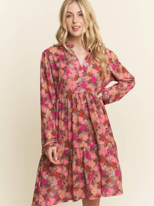 MOCHA MULTI ED6794-12 MANDARIN COLLAR NECK FLORAL TIERED MINI DRESS for wholesale on Faire2