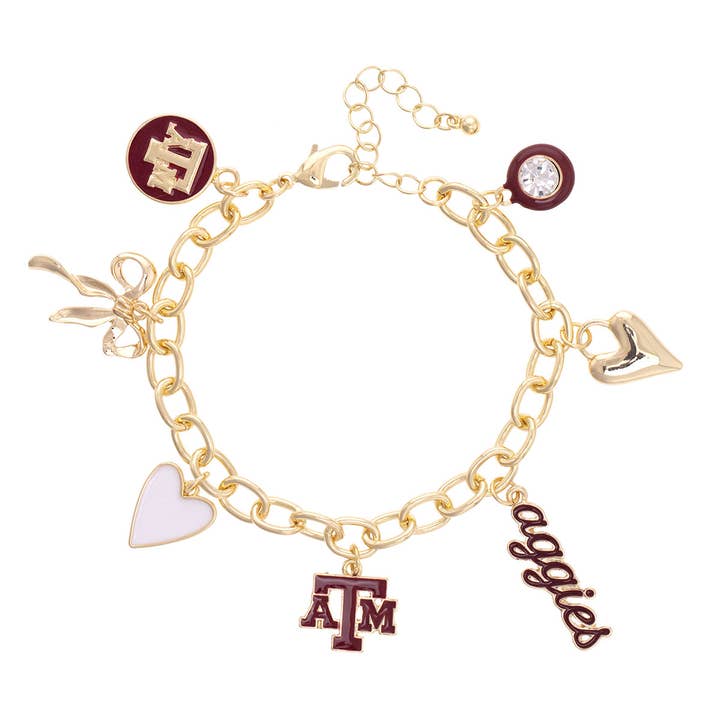 Texas A&M Aggies Enamel Icons Charm Bracelet in Shiny Gold for wholesale by Canvas Style