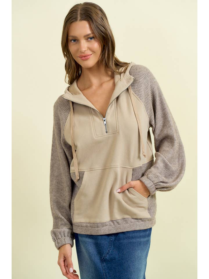 Doe and Rae - Wholesale Hoodie – Women's - FLEECE & SOFT KNIT RIB MIXED HALF ZIP UP HOODIE - 45217T