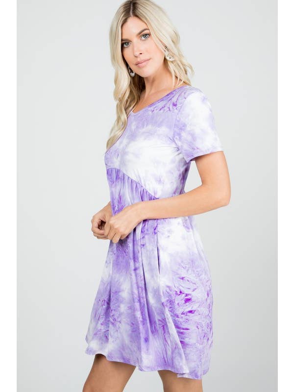 LILAC WHITE SD1195-22 TIE DYE BABY DOLL DRESS WITH SIDE POCKET for wholesale on Faire