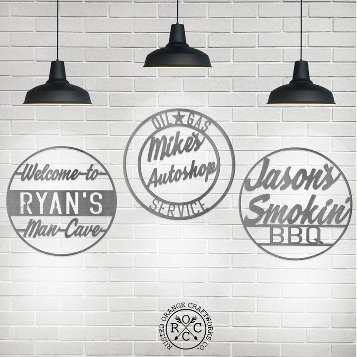 Vintage Circle Signs - Personalized Decorative Garage or Workshop Sign for wholesale by Rusted Orange Craftworks Co.