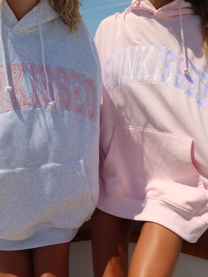 Pearl Grey w/ Pink Thread Sunkissed Varsity Embroider Hoodie for wholesale on Faire5