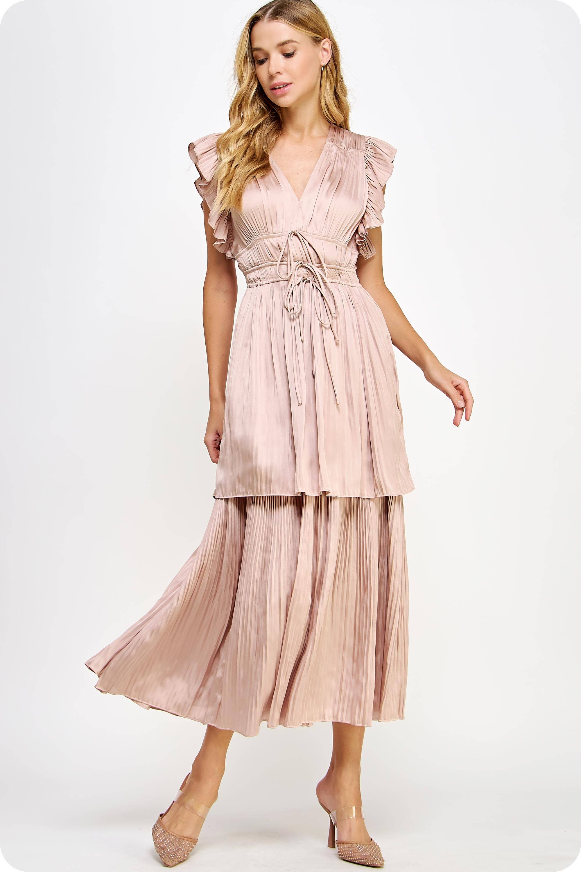 Strut & Bolt – wholesale Dress – Women's – Ruffled Pleated Satin Long Dress3
