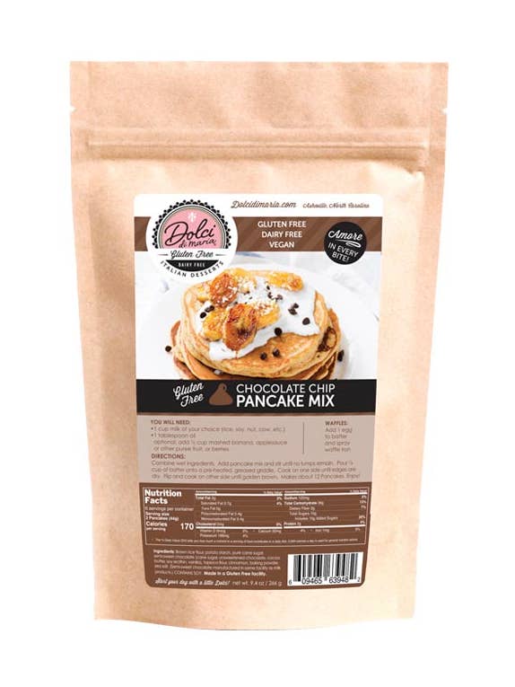 Gluten Free Chocolate Chip Pancake Mix - 9.4 oz pouch for wholesale by Dolci di Maria