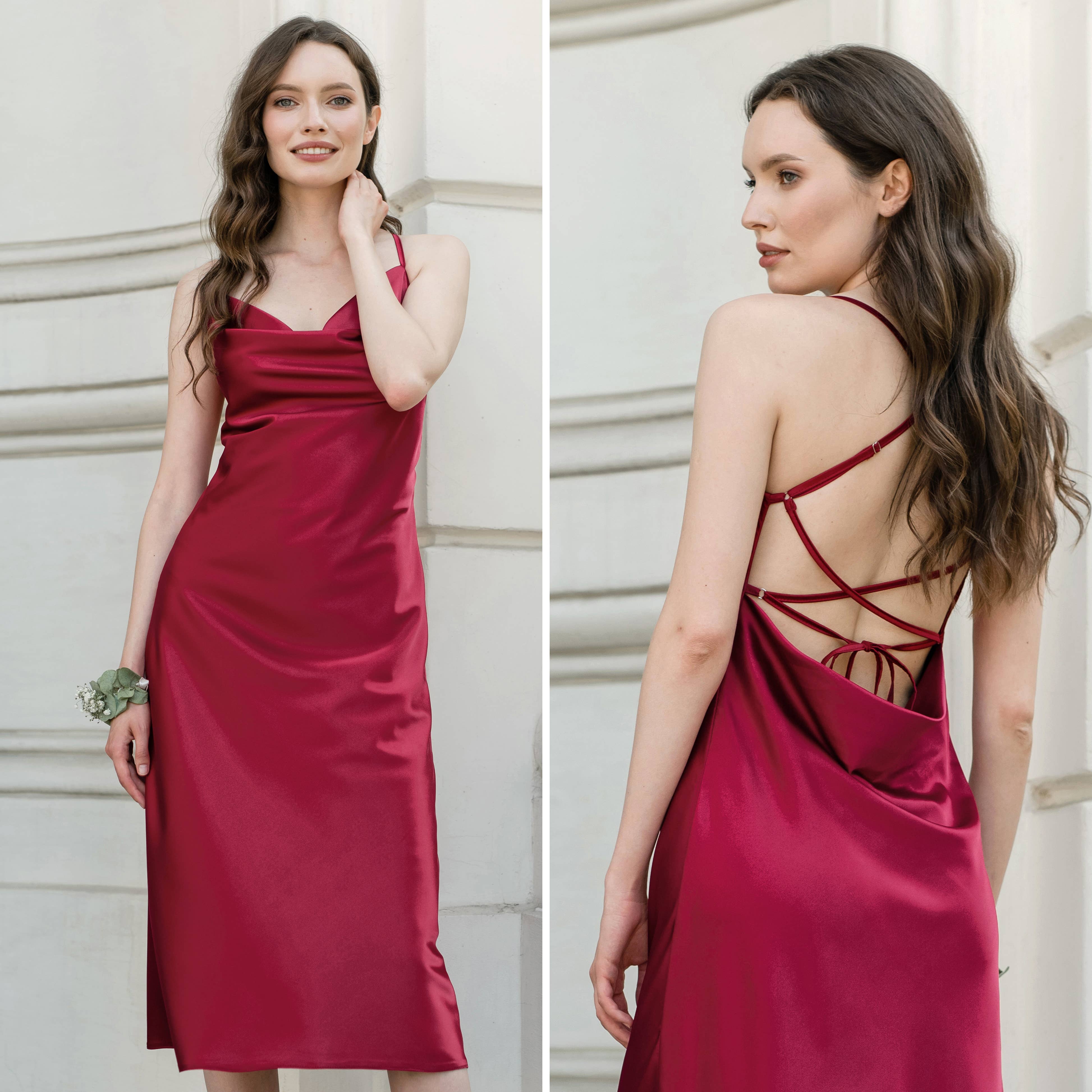 IDENTITY LINGERIE - Wholesale Dress - Women's - Satin Silk Dress Cowl Neck Midi Evening Slip Dresses4