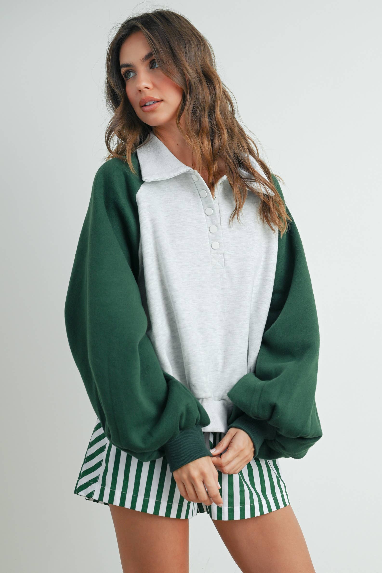 BUTTERMELON - Wholesale Sweatshirt - Women's - Color Block Classic Polo Sweatshirt - BMT75889