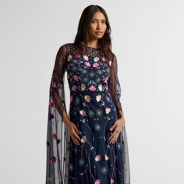 Azalea Navy Floral Cape Sleeve Maxi Dress for wholesale by Frock & Frill