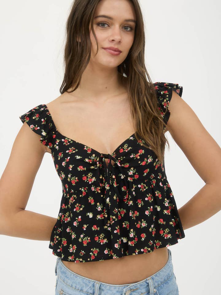 Blu Pepper - Wholesale Blouse - Women's - FLORAL CLIP DOT FRONT TIE WITH CUT-OUT CROP TOP