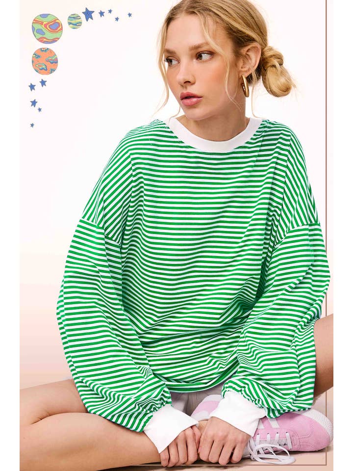 La Miel - Wholesale Knit Top - Women's - MCT7678-Oversized Striped Long Sleeve Pullover Top