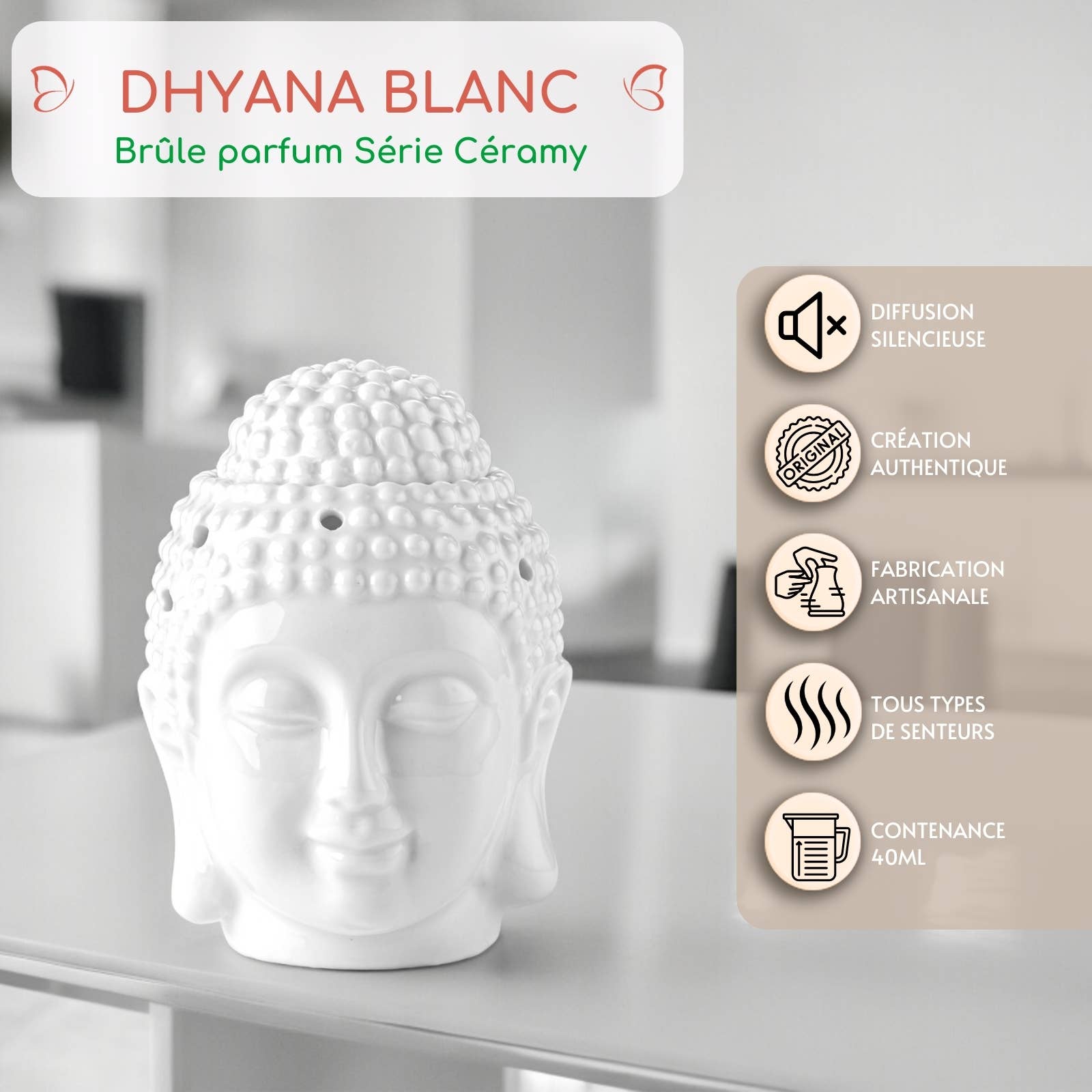 Zen'Arôme – Engroshandel Stearinlys/lysestage – Hvid buddhahoved i keramik til olie og duft - Dhyana2