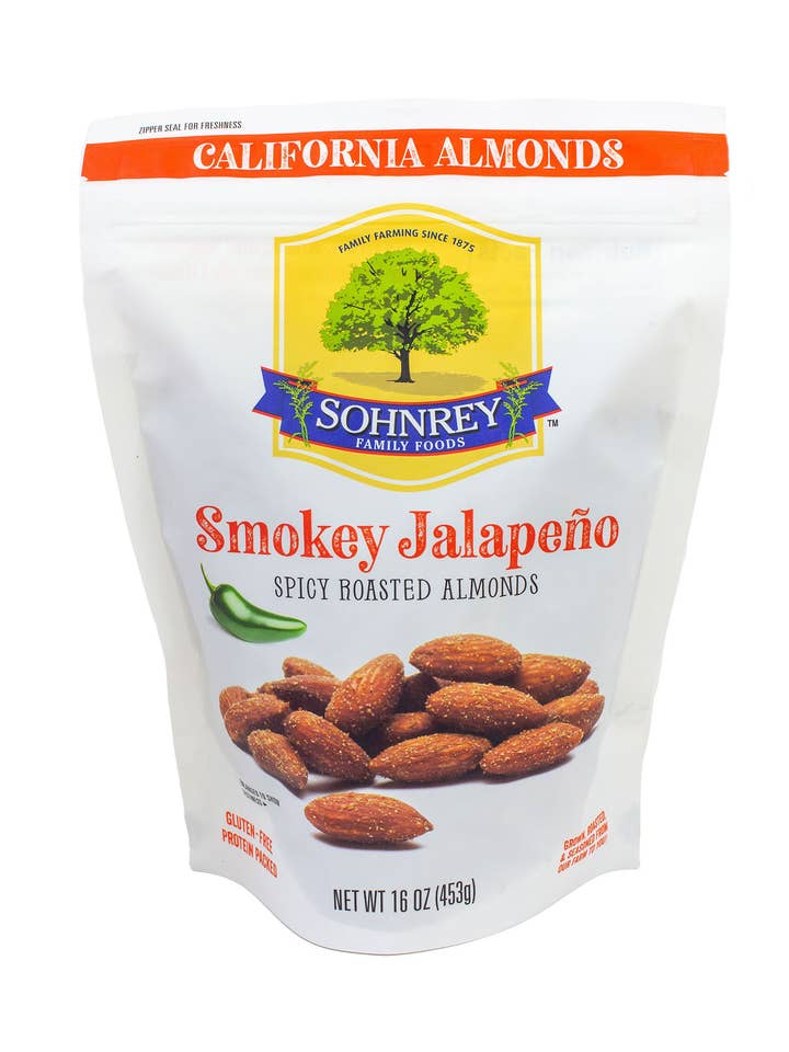 Smokey Jalapeno Almonds 1 lb for wholesale by Sohnrey Family Foods LLC