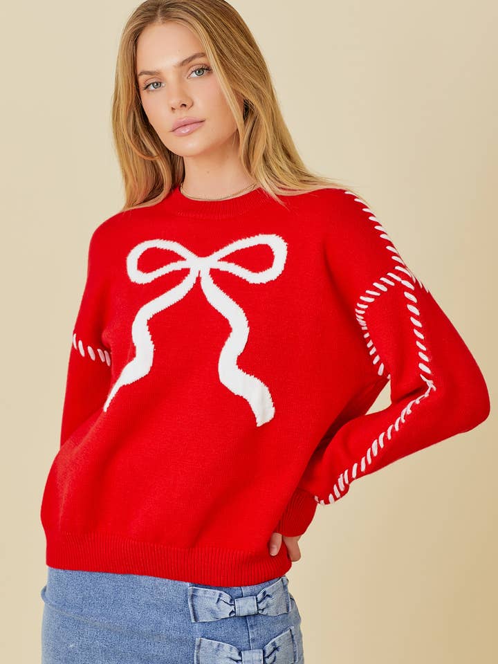 Main Strip - Wholesale Knit Sweater - Women's - Sweater Knit Top With Ribbon And Stitching Detail
