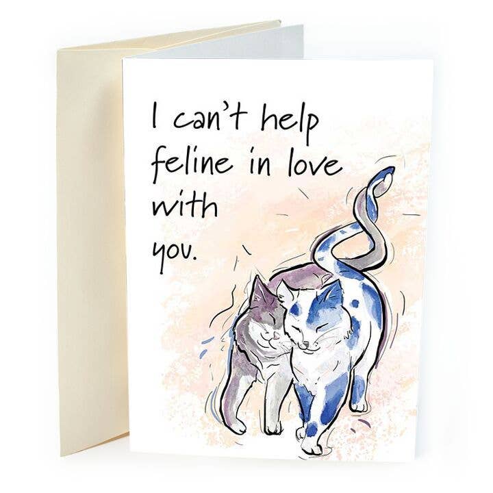 Tarjeta de amor de gato con texto «I can't Help Feline In Love With You» para venta al por mayor de St Thomas Greetings