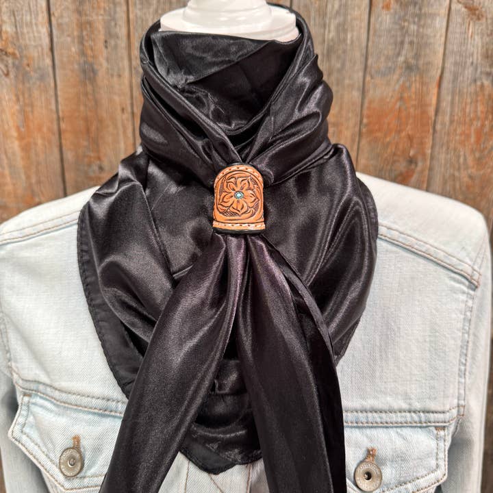Rodeo Drive - Wholesale Scarf - Unisex - 35X35" Solid Black Wild Rag / Scarf - Tooled Leather Wild Rag Slides - Assorted
