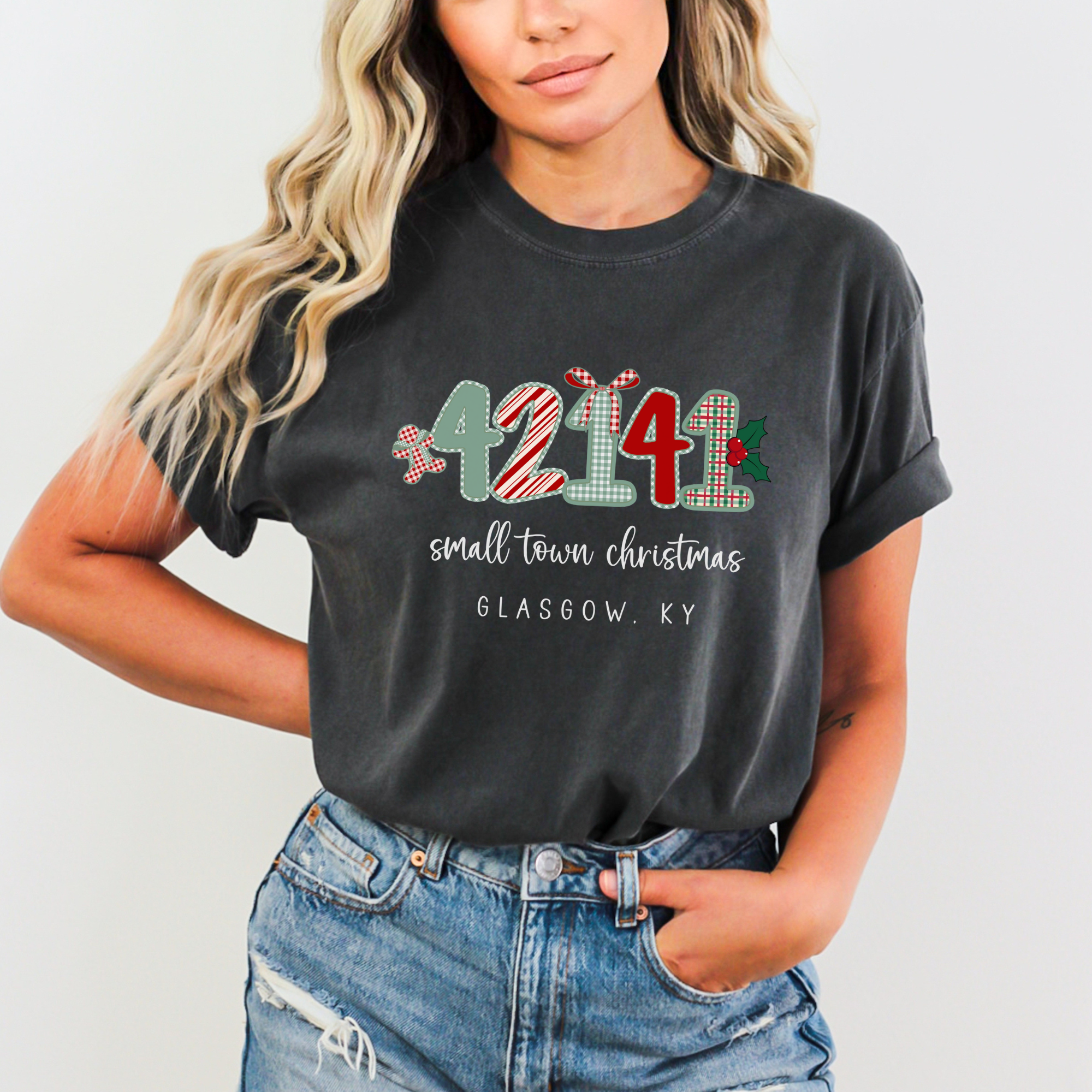 Scripted Pearl - Wholesale Screen Printed T-Shirt - Women's - Custom Zip Code Small Town Christmas Comfort Colors T Shirt5