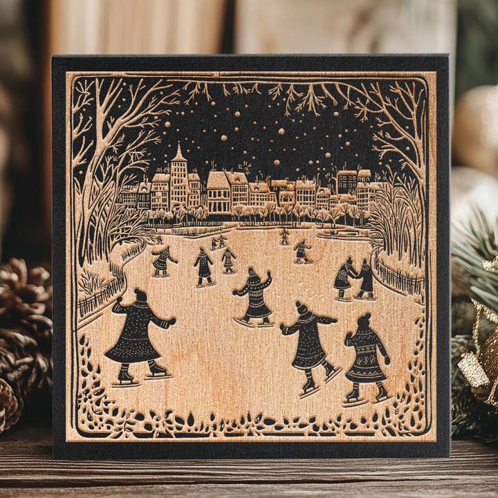 Ice Skaters on Pond Engraved Illustration for wholesale by Benoit's Design Co.