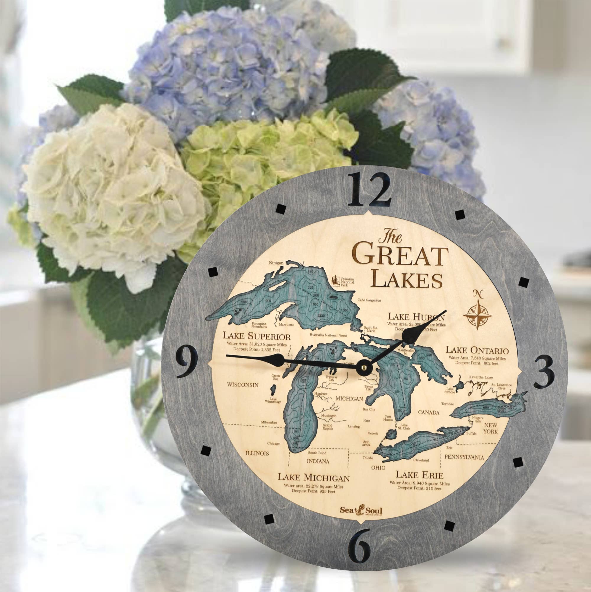 Sea & Soul Nautical Chart Art - Wholesale Muurklok - Great Lakes 3D Nautische kaart houten wandklok - 2 niveaus11