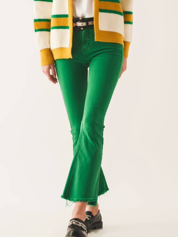 Flare jeans with raw hem edge in bright green for wholesale by Q2—All Orders:Free Duties for the US,UK,and Canada