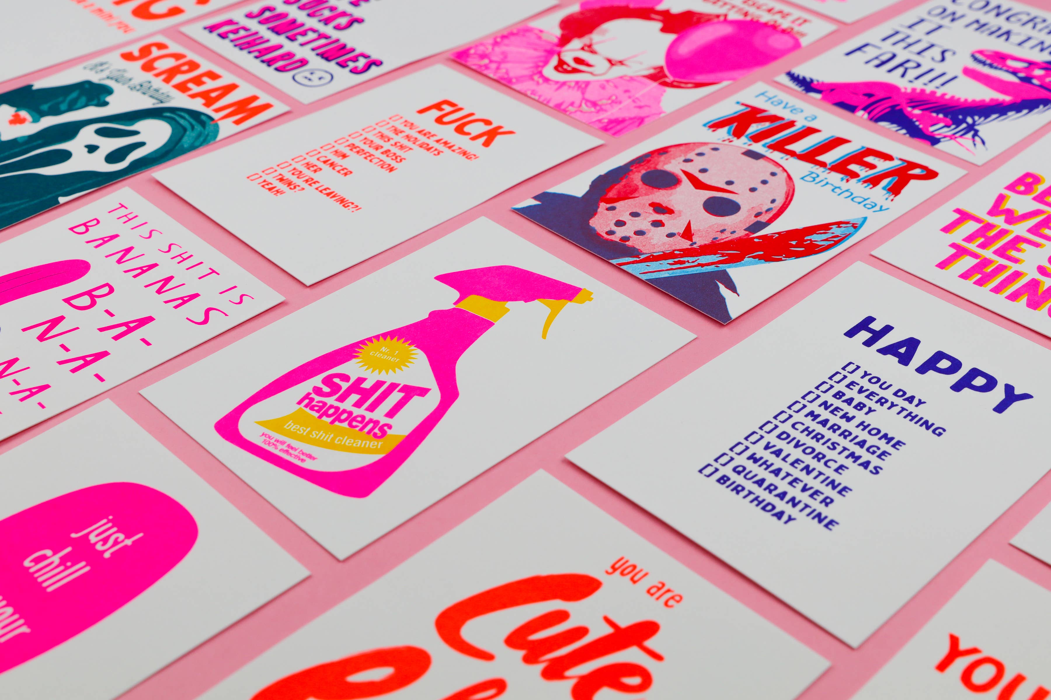 Studio Inktvis - Wholesale Encouragement Card - Shit Happens Cleaning spray bottle Risograph Postcard4