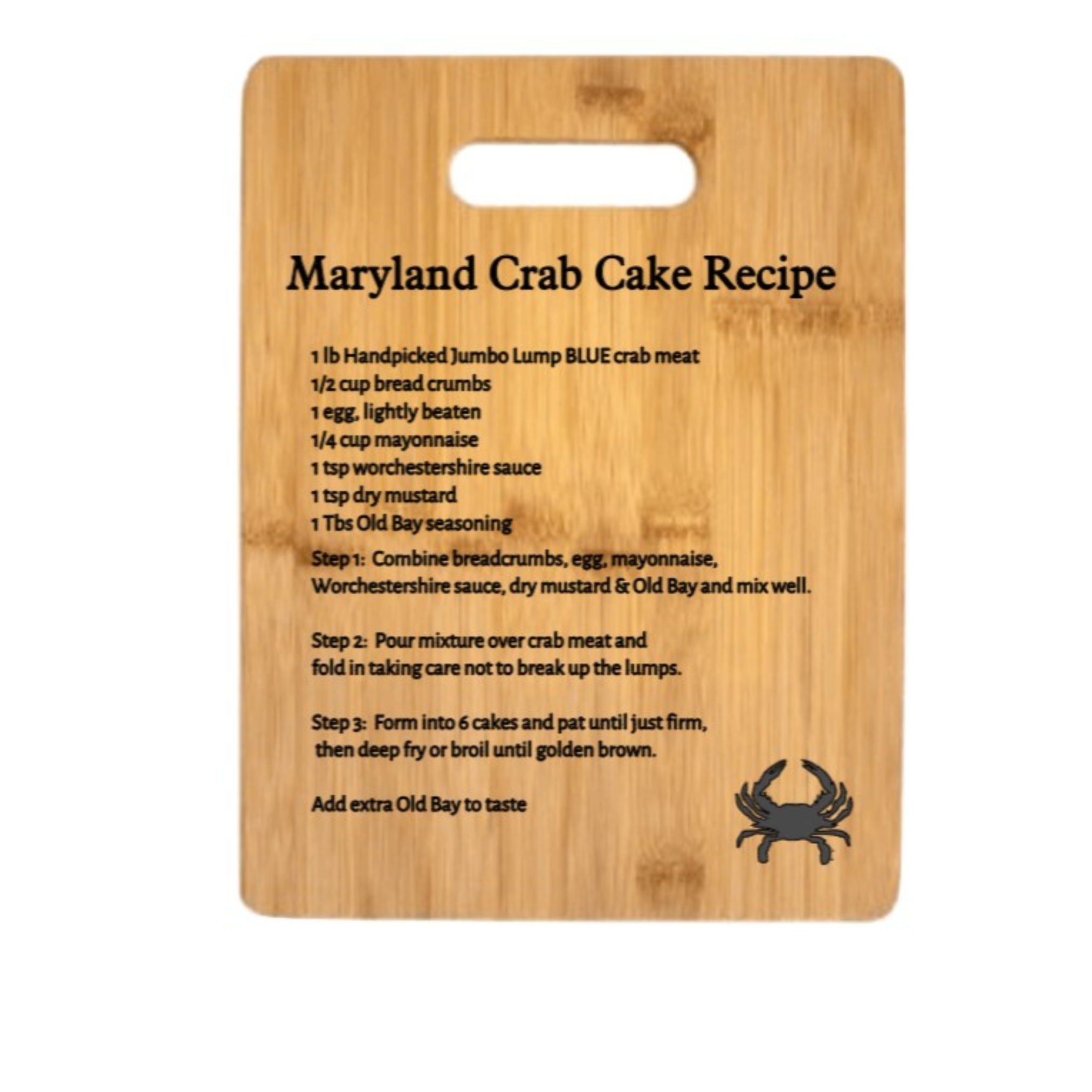 B4homemade, LLC - Wholesale Cutting Board - Maryland Crabcake Recipe Board2